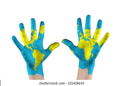 Map painted childs on hands. Concept save the world