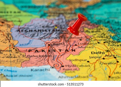 Map of  Pakistan with a red pushpin stuck