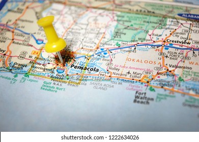 A map of Pensacola, Florida marked with a push pin.