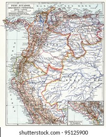 Map of Peru, Ecuador, Colombia and Venezuela. Publication of the book "Meyers Konversations-Lexikon", Volume 7, Leipzig, Germany, 1910