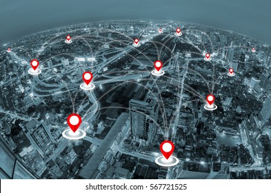 Map Pin Above Cityscape And Network Connection Concept.