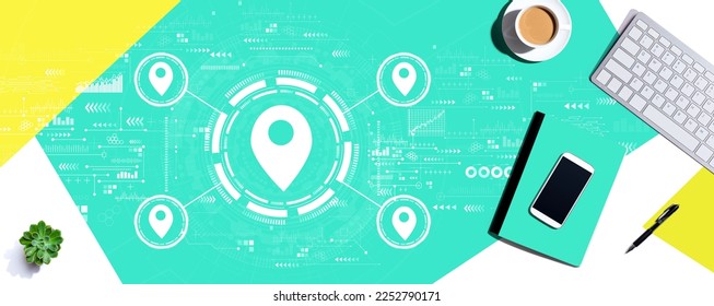 Map pin concept with a computer keyboard and office items