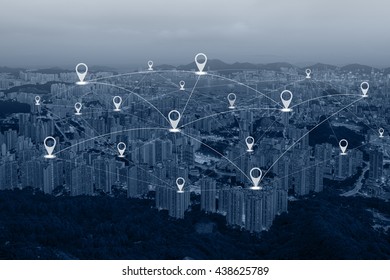 Map pin flat above blue tone over city and network connection concept