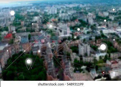 Map pin flat above blue tone city scape and network connection concept