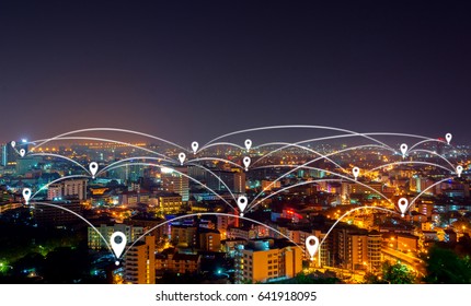 Map Pin Flat Above Night Cityscape And Network Connection Concept