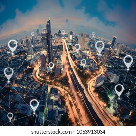 Map Pin Flat Of City, Global Business And Network Connection Concept, Bangkok, Thailand