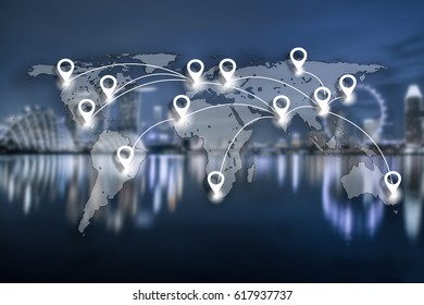 Map pin flat and Network conection on World Global Cartography Globalization with  blue tone of cityscape business district background.