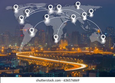 Map pin flat network conection on world global Cartography Globalization with cityscape business district background.