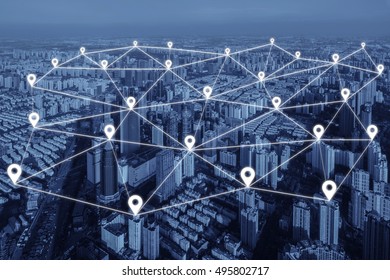 Map pin flat of network connection in city. Network connection concept.