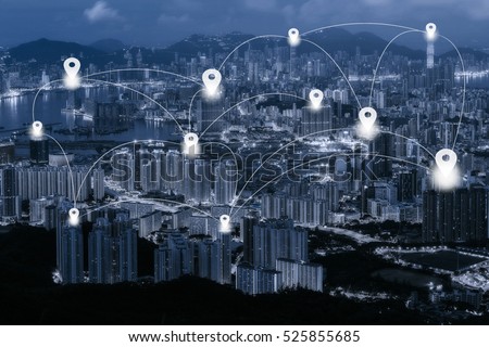 Map pin flat on blue tone Hong Kong cityscape background and network connection concept - Network business conection system