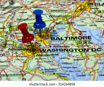 Map With Pin Point Of Baltimore And Washington Dc