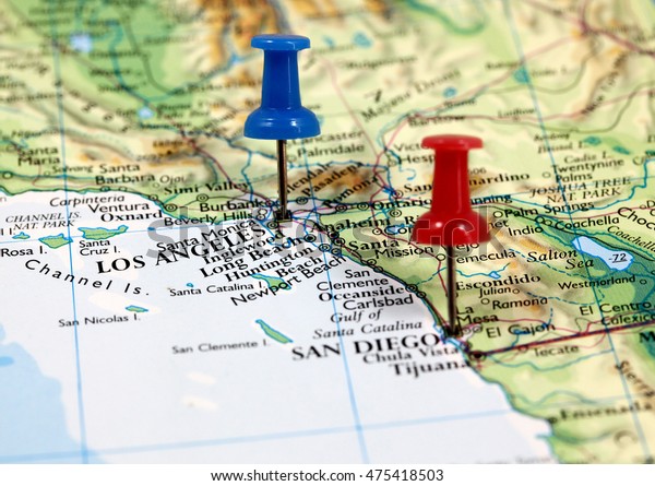 San Diego Los Angeles Map Map Pin Point Los Angeles San Stock Photo (Edit Now) 475418503