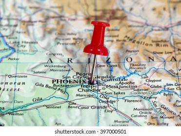 Map with pin point of Phoenix in Arizona, USA