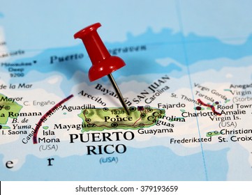Map with pin point of Puerto Rico in Caribbean