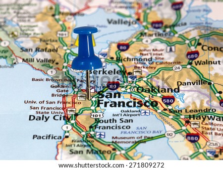 Map with pin point of San Francisco in California USA