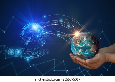 Map of the planet. Global social networks future metaverse. Internet and global communication technology. Global connections and big data of the future in the hands of business people in virtual world - Powered by Shutterstock