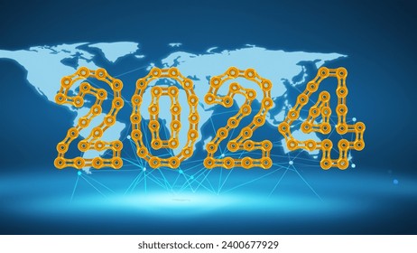 Map of the planet. World map. Global social network with 2024 Happy New Year made by golden bicycle chain links