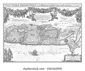 Map Of The Promised Land With Lake Tiberias And The Dead Sea.