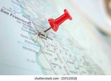 Map Of San Jose, Silicon Valley Area Of California, With Red Push Pin                               