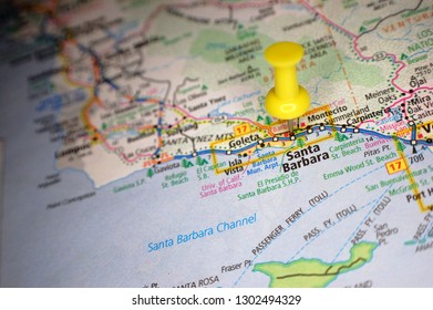 A Map Of Santa Barbara, California Marked With A Push Pin.