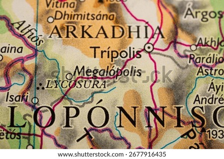 Map section showing Tripolis and Megalopolis Greece