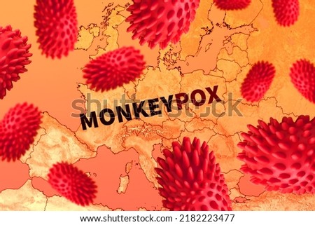 Map of the spread of monkeypox virus in Europe. Smallpox virus abstract model. Disease outbreak spread, pandemic threat, world health organization. Elements of this image furnished by NASA