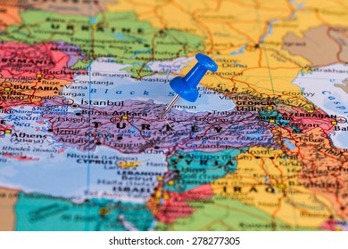 Map of Turkey with a blue pushpin stuck