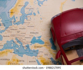 A Map Of Ukraine, Moldova, Belarus And A Red Car.