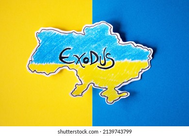 Map Of Ukraine Painted In Blue And Yellow Representing The Mass Exodus Of Civilians