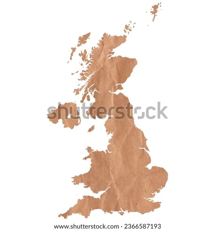 Map of United Kingdom made with crumpled kraft paper. Handmade map with recycled material