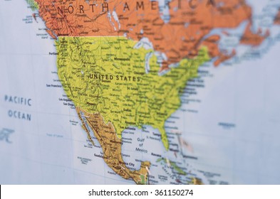 Map Of United States And North America, With Selective Focus