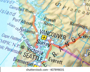 Map of the USA and Canada with focus on Vancouver and Seattle