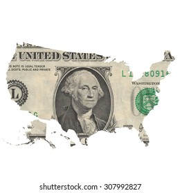 Map Of The USA Cut Out Of A One Dollar Banknote. Hawaii And Alaska Included In The Bottom Left. Real Photo, Not A Render. Isolated.