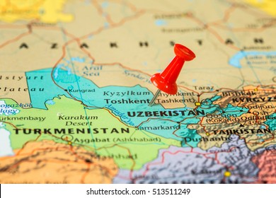 Map of  Uzbekistan with a red pushpin stuck