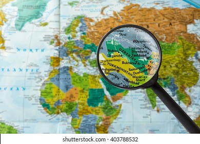 Map of Uzbekistan through magnifying glass