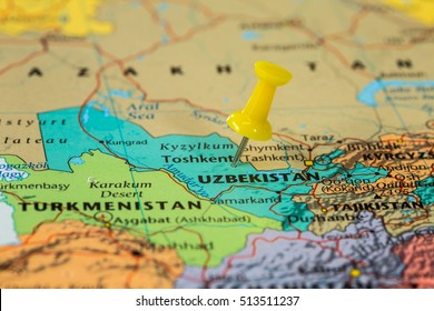 Map of  Uzbekistan with a yellow pushpin stuck