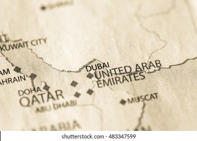 Map view of Dubai, United Arab Emirates, on a geographical map o