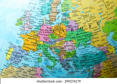 Map view of Europe on a geographical globe. - Shutterstock ID 299274179