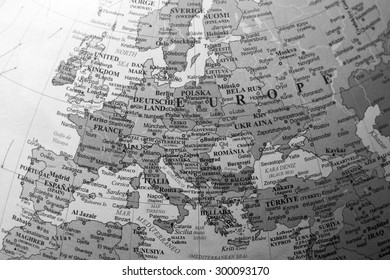 Map view of Europe on a geographical globe. (black and white)
