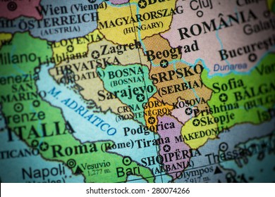 Map View Of Former Yugoslavia On A Geographical Globe. (vignette)