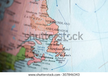 Map view of Newfoundland, Canada on a geographical map.