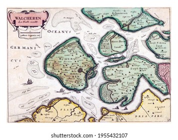 Map Of Walcheren, Vintage Engraving.