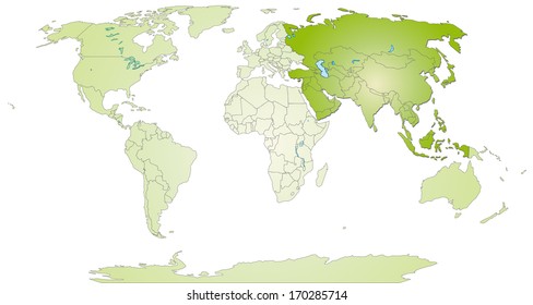 map of the world and asia with borders in green