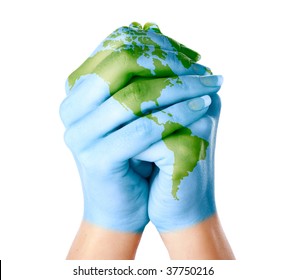 Map of world painted on hands. Isolated on white background