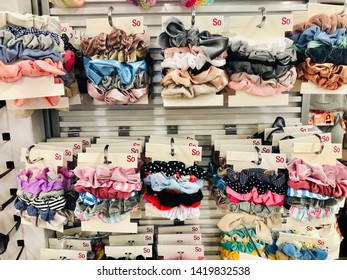 Maple Grove, MN - June 9, 2019: SO Brand Hair Scrunchies For Sale At A Kohls Department Store. A Staple In The 1990s, These Hair Accessories Are Coming Back In Style With Young Teens