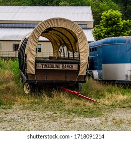MAPLE RIDGE, CANADA - JULY 5, 2019: country style contestoga wagon at Timberline ranch camp and retreat centre.
