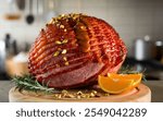 Maple-Glazed Ham: Tender ham coated in a sweet maple glaze, baked to perfection for a rich flavor.