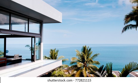 Mar 31, 2014 Phuket, Thailand : Living Room In The Modern Villa With Sea View, Shot From Outside Of A Luxury Resort By The Andaman Sea