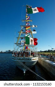 Mar Del Plata, Buenos Aires, Argentina - 2018: View Of Frigate Cuautemoc, From Mexico, Moored At The City Port.