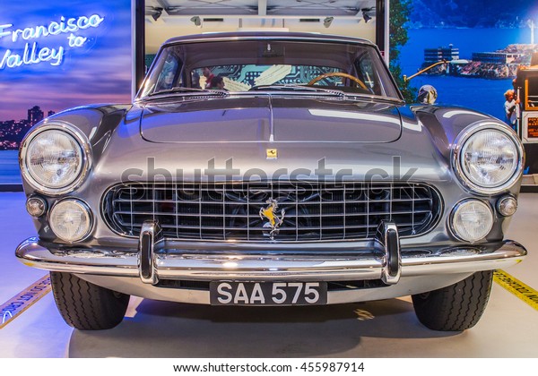 MARANELLO, ITALY - APRIL 2015: Museum  Enzo\
Ferrari. Grey Ferrari 330 America with The Cavallino Rampante,\
symbol of Ferrari on. Front\
view.\

